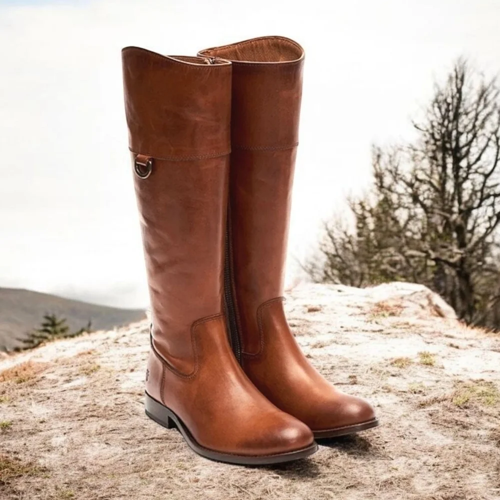 FRYE SIZE 7 MELISSA D RING TALL BOOTS BROWN CARAMEL LEATHER EQUESTRIAN SHOES EUC